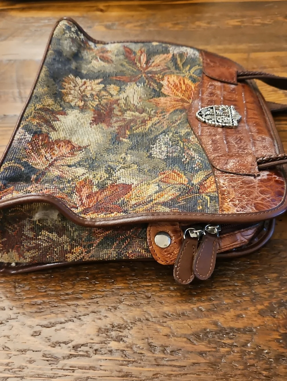 Vintage Marc Chantal Brown Floral Tapestry Shoulder Bag with Leather Trim